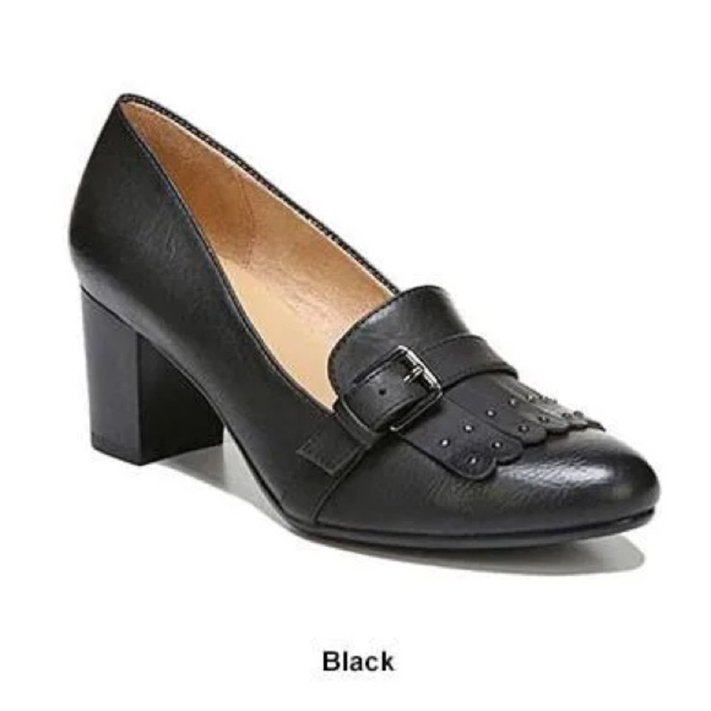 Naturalizer Myrle Pumps Jet Black Fringe Block Kiltie Heels Faux Buckle Strap 9M - Picture 8 of 8